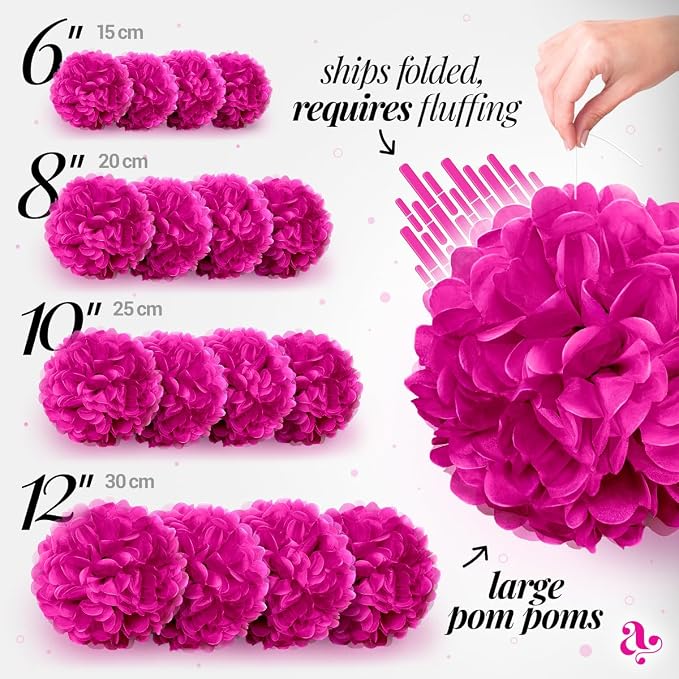 Hot Pink Tissue Paper Pom Poms - Hot Pink Party Decorations for Birthdays, Weddings, Baby Showers, Engagements and Special Occasions by Avoseta (16 Piece Set, Assorted Sizes)