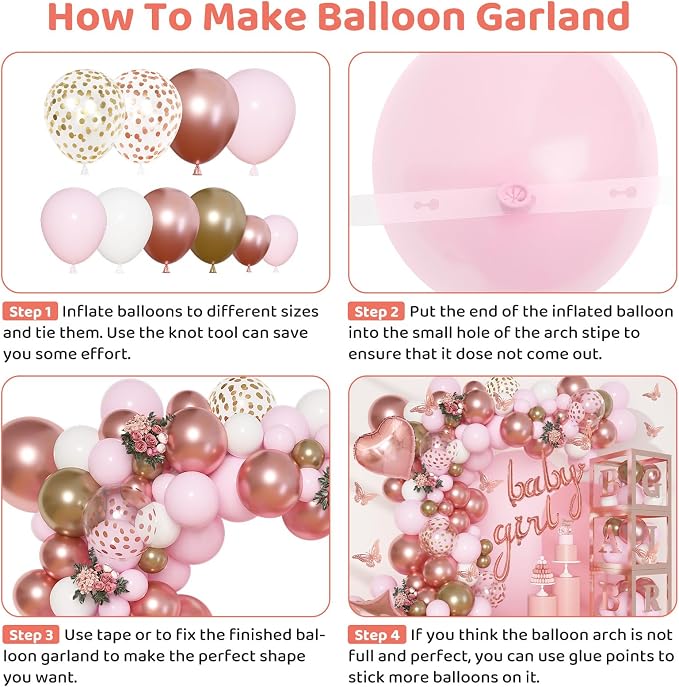 Amandir 134pcs Rose Gold Balloons Baby Shower Decorations for Girl Boxes, Butterfly Stickers Balloon Garland Arch Kit Baby Box with Letter (A-Z+Baby) for Women Birthday Bridal Party Decoration