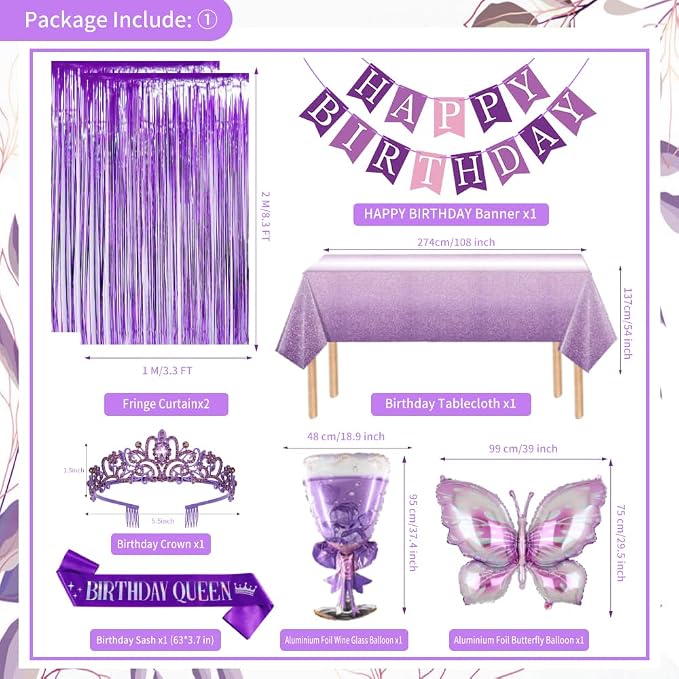 Purple Birthday Decorations, Purple Pink Party Decorations with Happy Birthday Banner, Balloons, Bday Sash, Crown, Butterfly, Tablecloth, Fringe Curtain, Honeycomb Ball for Women Girls Party Supplies