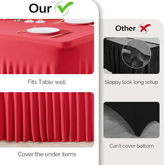Wish Care 6 Pack Red Stretch Spandex Table Clothes for 4 Foot Rectangle Tables, 4FT Wrinkle Free Fitted Tablecloths Ruffles Design Table Cover for Party, Banquet, Wedding and Events