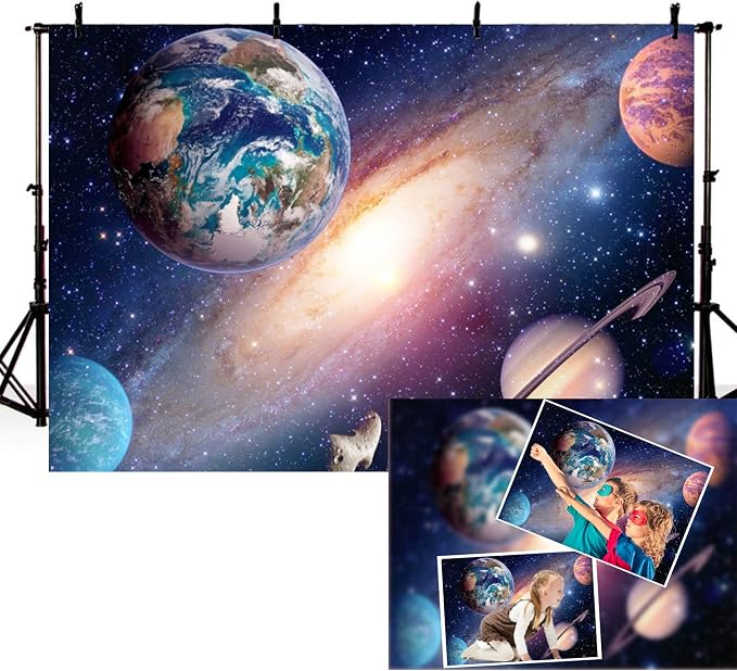 5x3FT Universe Outer Space Theme Backdrop Solar System Universe Galaxy Photography Background Milky Way Science Fiction Photo Studio Props for Children Happy Birthday Party Decor Banner