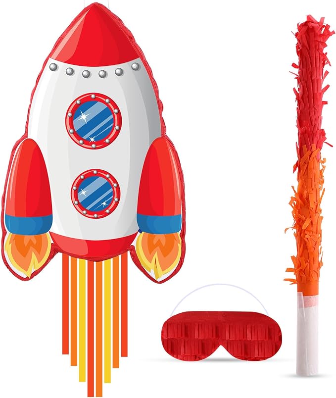 Rocket Pinata Space Pinata with Blindfold and Bat Space Themed Party Supplies for Girls Boys Kids Birthday Party Game Toys Favors Decorations, 16.5 x 10.7 x 3 Inches