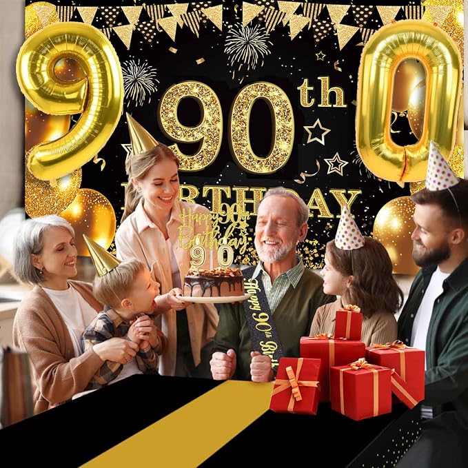 90th Birthday Decorations Men Women with 90th Birthday Banner, Black and Gold Table Cloth, Number Balloons, Large Sash, Cake Topper and Candles