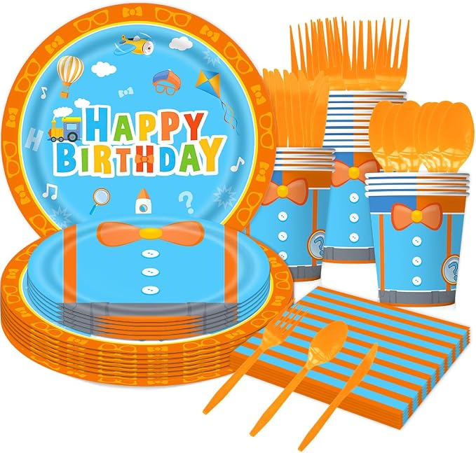 171PCS Kids Birthday Party Decorations Tableware Set - Blue & Orange Party Supplies for Boys & Girls - Includes Plates, Cups, Napkins, Cutlery, Tablecloth, Foil Fringe Curtains - Serves 24 Guests