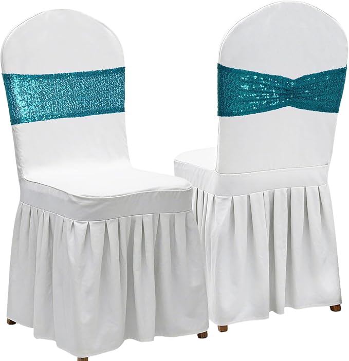 Poise3EHome Teal Sequin Chair Sashes 50 Pack, Double Sided Glitter Folding Chair Cover Bands for Wedding Party Ceremony Banquet Reception Decorations