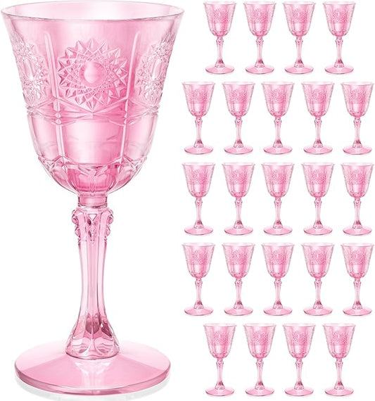 Plastic Wine Glasses, Unbreakable Wine Cups with Stem 6oz Disposable for Wedding Party Holiday, Sunflowers Vintage Plastic Goblets for Champagne, Juice, Cocktail (24 Pcs Pink)