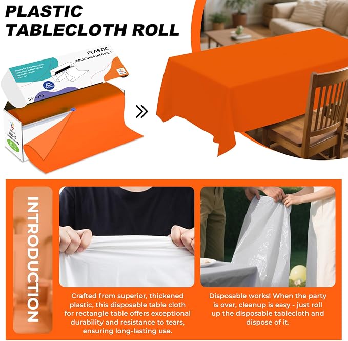 54IN X 320FT Plastic Table Cover Roll with Cutter Box, Cut to Size Plastic Table Cloths for Parties, Birthday, Disposable Tablecloth Roll for All Shape Tables (Orange, 54 Inch X 320 Feet)