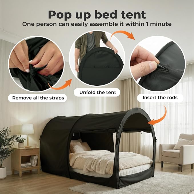 LEEDOR® Bed Tent Dream Tent Bed Canopy Shelter Cabin Sleeping Tent Indoor Pop Up Privacy Warm Breathable Mosquito Mesh Twin/Full/Queen for Kids and Adult (Mattress Not Included)