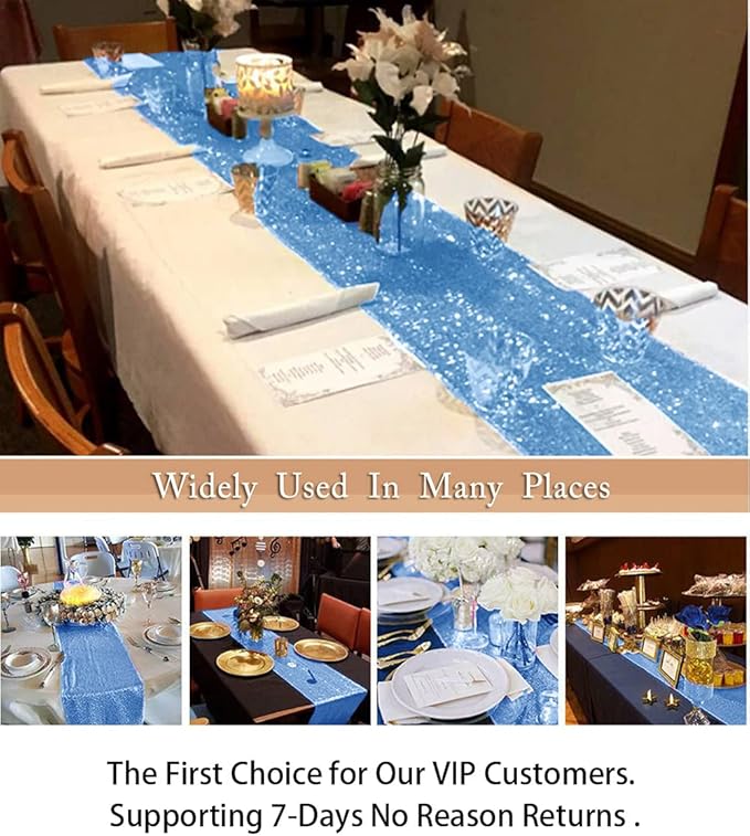 ShinyBeauty Table Runners Baby Blue 12"x108" 15 Pack Sequin Table Runner Glitter Sequence Fabric Cloth Runners Birthday Event Supplies Light Blue Runners for Table Tea Party Wedding Decor