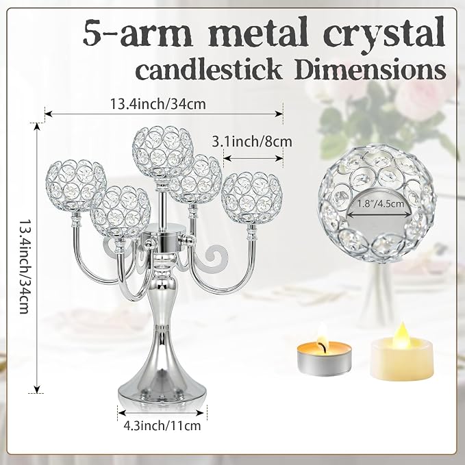 5 Arm Metal Crystal Candelabra Centerpiece - 13.4 Inch Elegant Candle Holder with Crystal Beads for Wedding Party Christmas Home Dining Table Decoration (1, Silver)