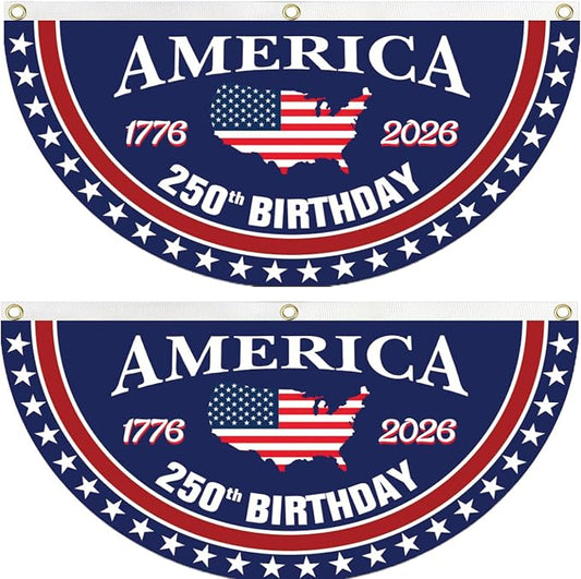 250 Year Anniversary Patriotic Fan Bunting Banner 1776–2026, USA Map Flag Design with Stars, 3x6 FT Large Outdoor Decoration, Brass Grommets, 2 Pack
