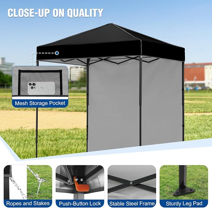 6x4 Pop Up Canopy Tent with One Wall Panel, Instant Portable Beach Canopy, Outdoor Tent with Carry Bag for Camping, Sports, Tailgating, Events, Black
