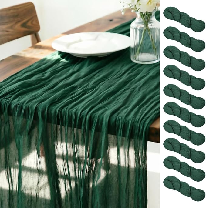 LINXTAR Emerald Green Cheesecloth Table Runner 10 Pack 120 Inches 10Ft Gauze Summer Boho Table Runner for Wedding Tea Party Baby Shower Bridal Birthday Home Decoration