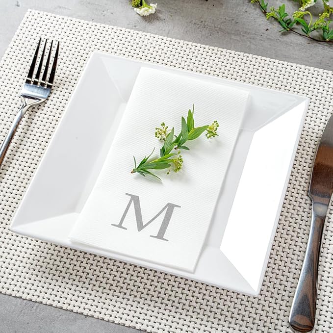 Luxenap 15.8 X 7.9 Inch Linen-Feel Guest Towels, 2000 Lettered Hand Towels - Silver Letter 'M', Sans Serif Font, White Paper Dinner Napkins, airlaid, For Restrooms And Tables - Restaurantware