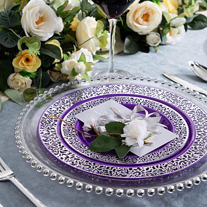 U-QE 150PCS Purple Silver Plastic Plates with Silver Silverware, Silver Party Supplies for 30 Guests Include 30 10.25" and 30 7.5" Plates, 30 Forks, 30 Knives, 30 Spoons