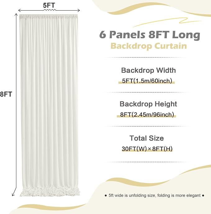 30ft x 8ft Wrinkle Free Ivory Backdrop Curtain for Parties, 6 Panels 5x8ft Silky Polyester Ivory Wedding Backdrop Drapes Photo Back Drop Cloth for Birthday Baby Shower Photography Background