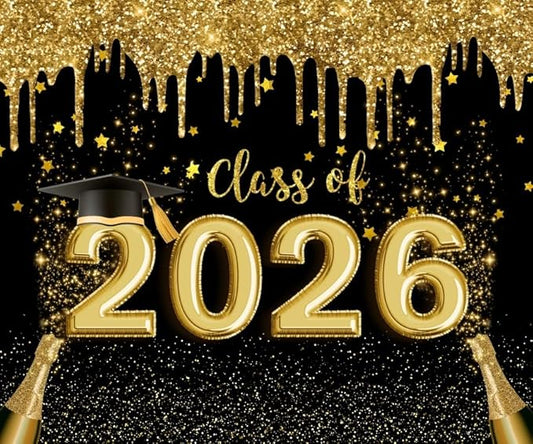 DASHAN 10x8ft Class of 2026 Graduation Backdrop Black Gold Congrats Grad Backdrop for Photography Graduate Party Decorations Congratulations Background Cake Table Banner Decor Photo Booth Props