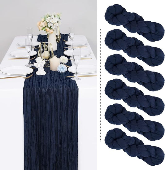 6 Pack Navy Blue Cheesecloth Table Runner 35x120 Inch Long Semi-Sheer Gauze Table Runner 10FT Boho or Rustic Wedding Table Decor for Wedding Decor Arch Draping Bridal Shower Holiday Party
