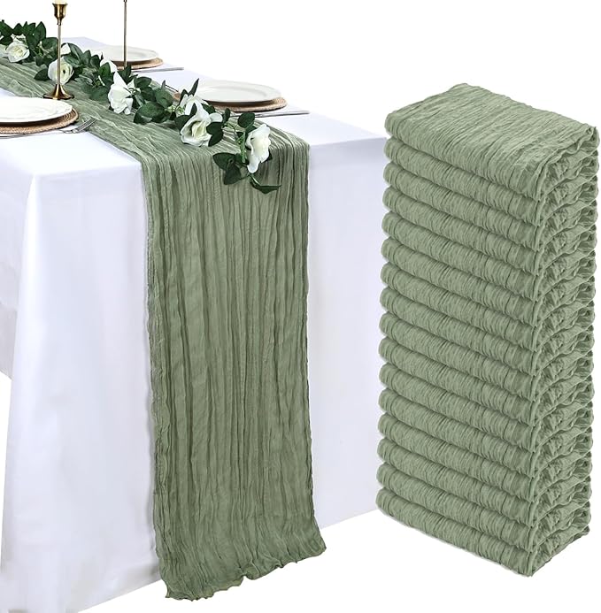 16 Pack Sage Green Cheesecloth Table Runner 10ft Boho Gauze Fabric 120 Inch Cheese Cloth Table Runner Rustic Sheer for Holiday Baby Shower Party Décor Home Wedding Decoration