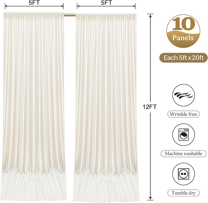 50ftx12ft Wrinkle Free Ivory Backdrop Curtain, 10 Panels 12FT Long Wedding Photo Backdrop Drapes, Silky Polyester Back Drop Cloth for Birthday Photography Background Party Backdrop Draping
