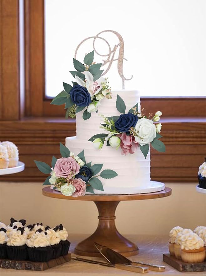Rinlong 3Pcs Pre-made Cake Flowers Navy Blue Pink Cake Decorations Wedding Cake Decorating Flowers Decor Birthday Baptism Party Artificial Flowers Cake Toppers