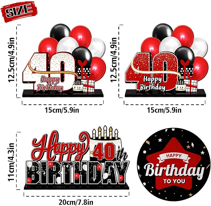 LINGTEER Happy 40th Birthday Red Acrylic Table Topper Centerpieces Set - Cheers to Forty Years Old Birthday 40th Bday Party Gift Decorations.