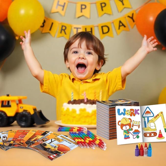 BenLouis 24 Construction Mini Coloring Books Kids with 24 Stacking Crayons Excavator Theme Party Favors Activity Books Bulk for Kids Construction Birthday Goodie Bag Gift Stuffer Classroom Reward