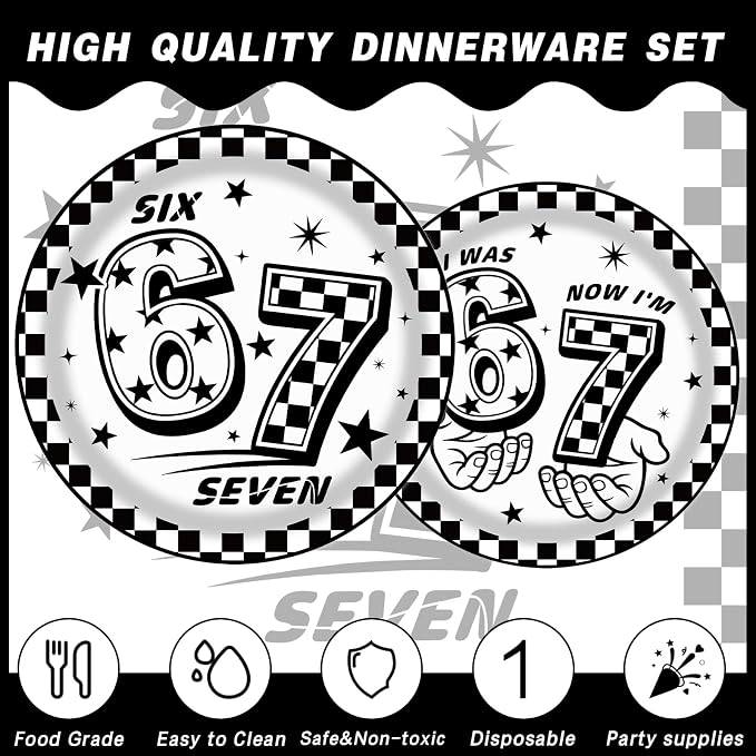 170Pcs 6 7 Birthday Decorations, Black White Checkered Themed Disposable Table Cover, and I Was 6 Now I'm 7 Seven Birthday Theme Party Tableware Set For 24 Guests