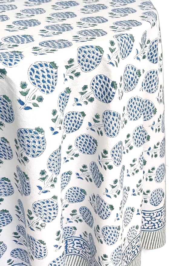 ATOSII Roma Blue 100% Cotton Boho Round Fall Tablecloth, Handblock Floral Print Table Cloth Linen for Kitchen Dining I Parties, Outdoors, Weddings, Christmas, Thanksgiving Decor 90" Inches Diameter