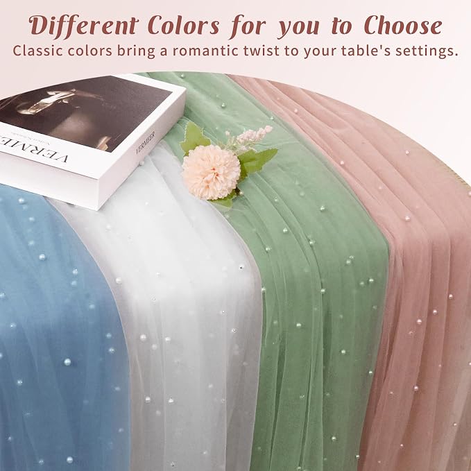 Pearl Table Runner 29 x 120 Inch Tulle Fabric Lace Table Runners for Bridal Shower Birthday Party Wedding Arch Dessert Table Decor(1 Pack, Dusty Pink)
