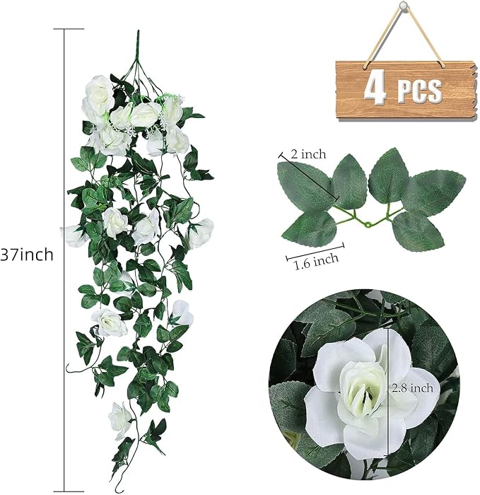 RECUTMS Artificial White Rose Hanging Flower Plants, 4pcs 37Inch Fake Floral Ivy Garland with 30 LED Fairy String Lights for Outdoors Home Room Wedding Memorial Day Funeral Bridal Shower Indoor Decor