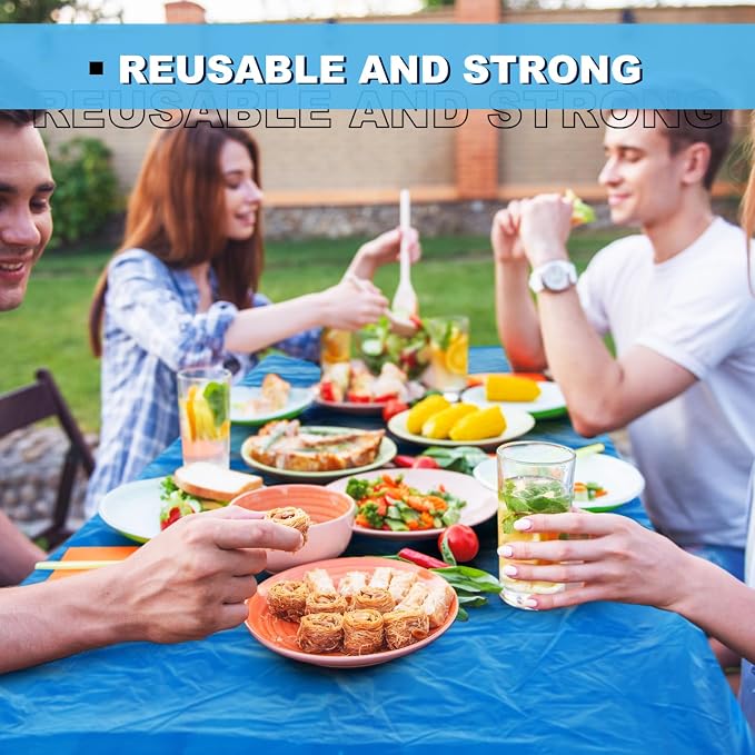 Boao 24 Pcs Summer Plastic Table Cloth Rectangle Picnic Table Covers Elastic Fitted Tablecloth, Disposable Waterproof for Camping, Indoor, Outdoor(8 Ft, 96 x 30 Inch,Blue)
