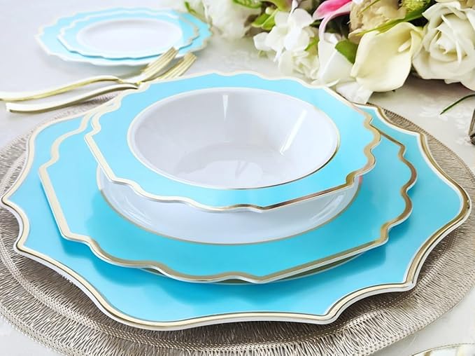 OCCASIONS 80 Plates (40 Guests) Heavy Duty Disposable Aqua & Silver Plastic Plates for Wedding Party, Elegant Dinner & Dessert Set, 40x10.5" + 40x8" - Imperial Aqua & Silver