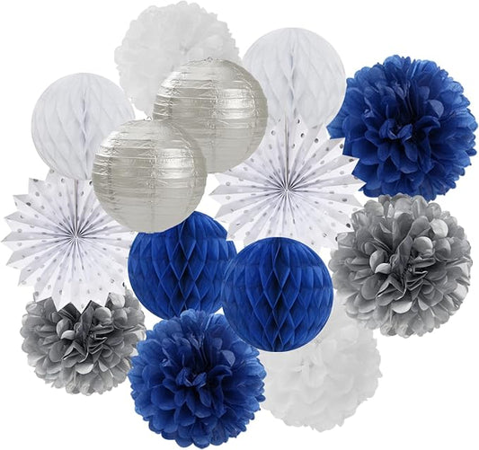 Navy-Blue White Silver Party Decorations - 14pcs Kits Paper Lanterns Fan,Tissue Flower Pom Poms Streamers,Honeycomb Balls,Graduation 2026 Men Birthday Wedding Baby Bridal Shower Decor Lasting Surprise
