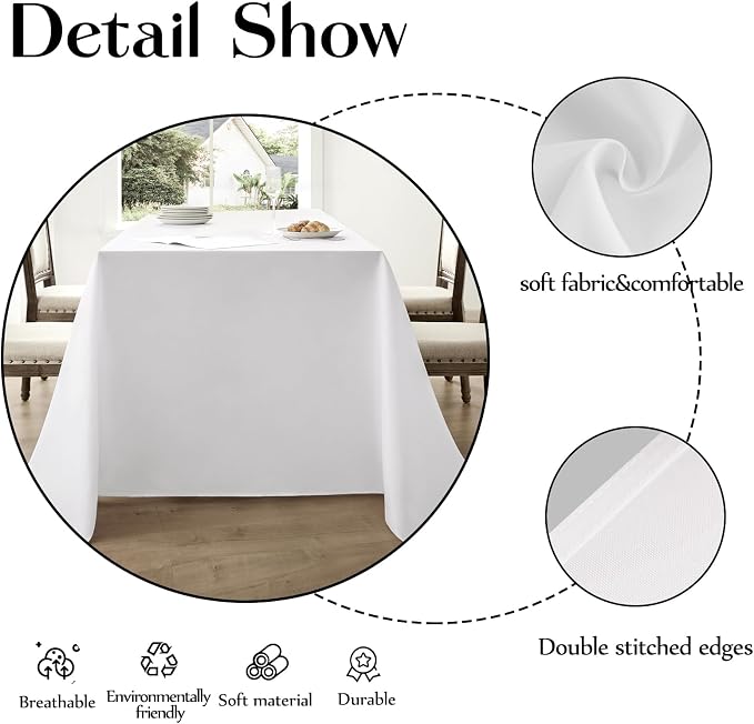 Rectangle Tablecloths 90x132 Inch 1 Pack White Tablecloth for 6ft Washable Decorative Linen Polyester Table Cloths for 8ft Dining Table Banquets Buffet Parties and Wedding