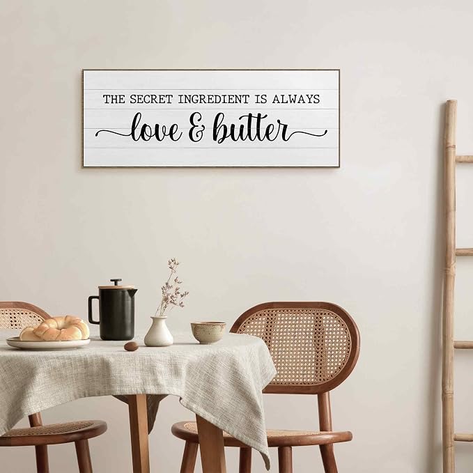 TLESKE the Secret Ingredient Is Always Love and Butter Sign Large Wall Art Decor Framed for Kitchen Dining Room 15x40, Funny Canvas Wall Art Print for Kitchen, Rustic Farmhouse Signs Wall Picture