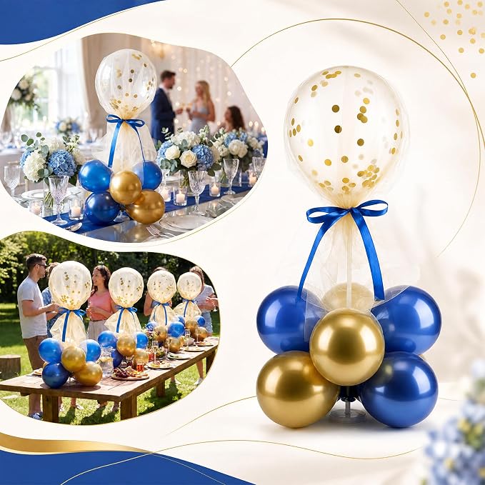BBTO 8 Set Blue Gold Balloon Centerpieces for Table, Balloons Stand Kit with Base Tulle for Wedding Birthday Grad Prom Centerpieces Party Back to School Baby Shower