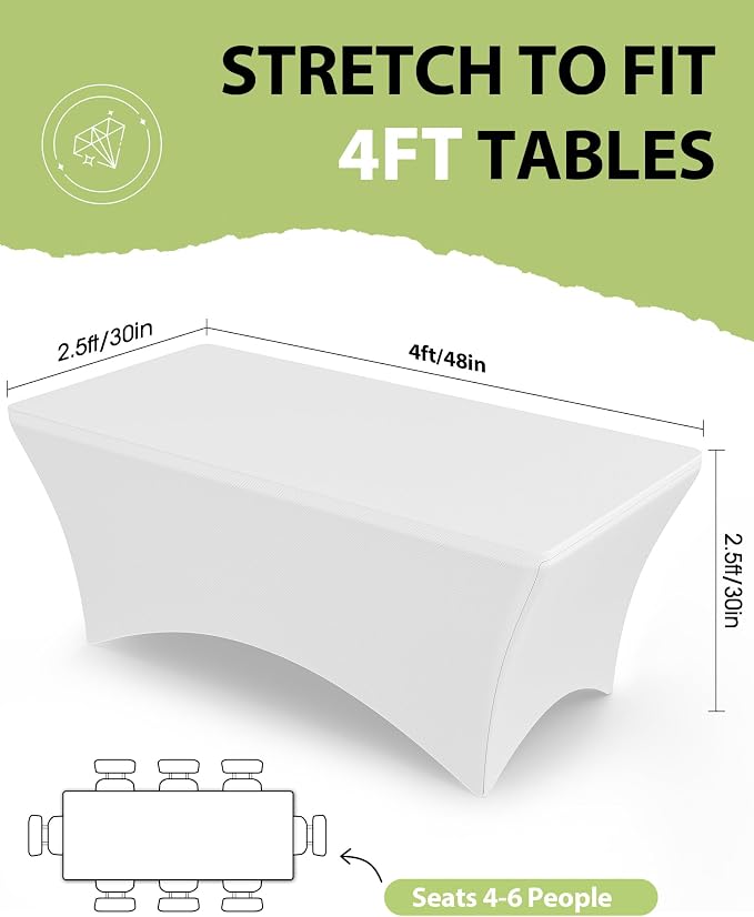 Pureegg Spandex Tablecloth 4ft - 6 Pack, Fitted and Stretch Table Cover for Rectangle Tables, Wrinkle-Resistant and Secure Fabric for Outdoor, Picnic, Party, Wedding, Banquet and Birthday, White