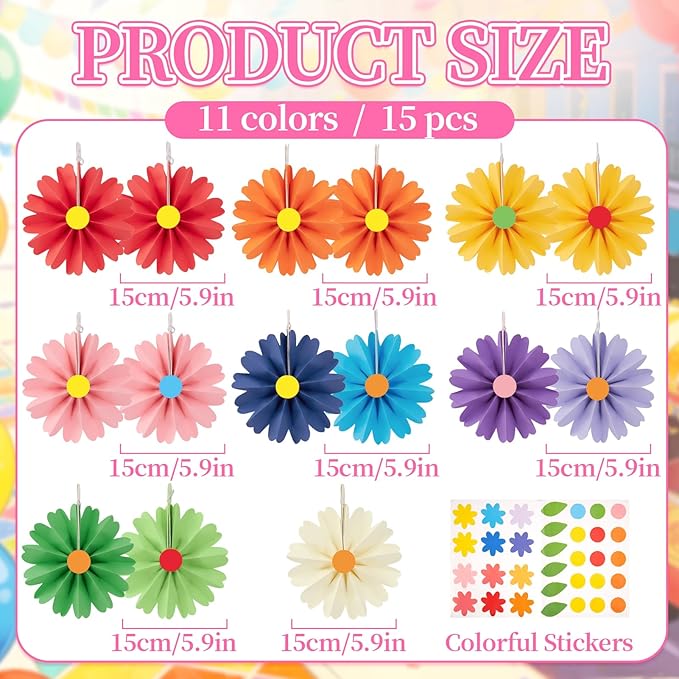 PAPER JAZZ 15pcs Colorful Paper Flower Fiesta Paper Fan Party Decorations, Mini Mexican Hanging Ornaments,Rainbow Paper Daisy with Small Flower for Spring Summer Easter Party