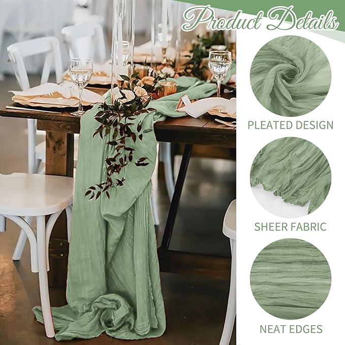 20 Pack Cheesecloth Table Runner - 17x108 Inch Sage Green Boho Gauze Cheese Cloth Table Runners for Baby Bridal Shower Decoration Wedding Party Summer Garden Farmhouse