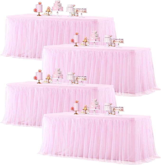 Pink Table Cloths for Parties Light Pink Tulle Tablecloth Rectangle, Pink Tulle Table Skirt Rectangle Table 6ft Fitted Table Covers Stretch Elastic Banquet Party Baby Shower Wedding Table Cloth 6 Foot