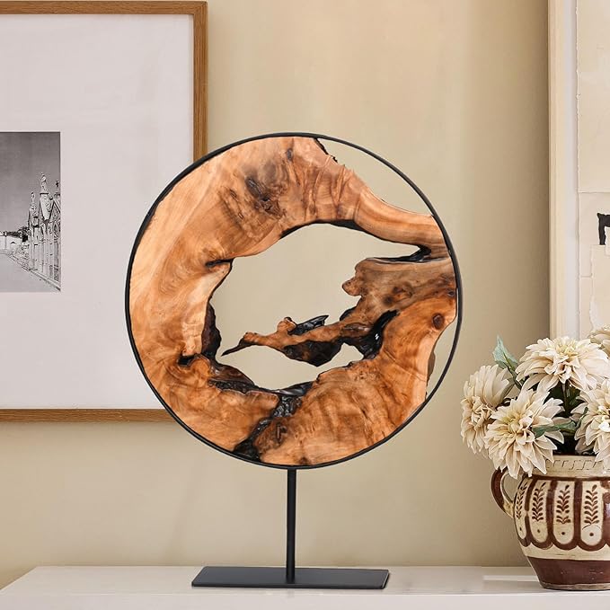 WELLAND Round Cedar Wood Sculpture 13.77" W x 13.77" D x 14" H, Wood Tabletop Sculpture, Irregular Shape décor for Living Room, Bedroom, Home Office