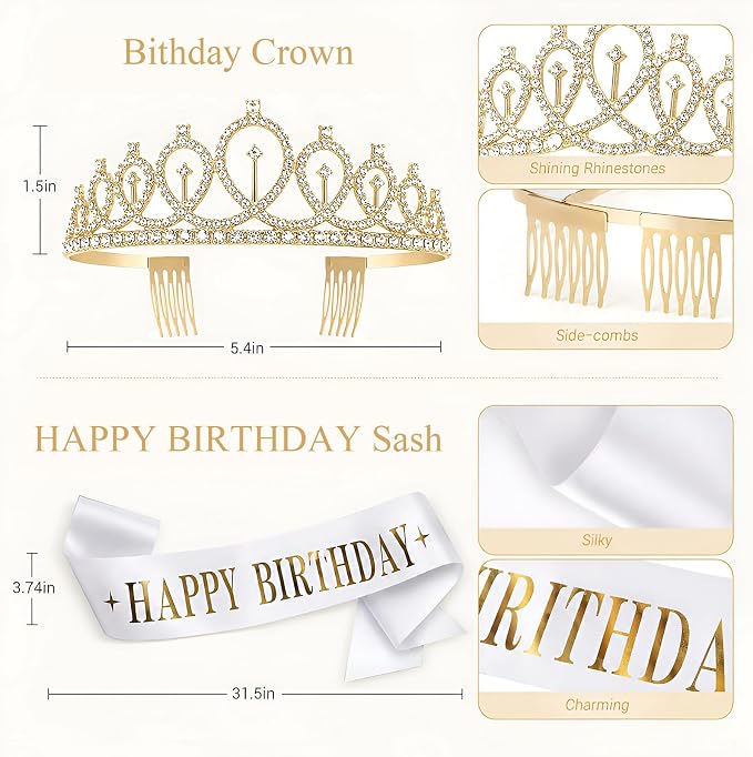White and Gold Birthday Decorations for Women Girls,Sand White Gold Latex Balloons with Happy Birthday Banner,Fringe Curtain,Cake Topper,Sash and Crown for Birthday Party Supplies