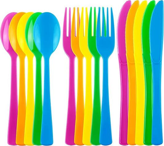 Kochorie 300 Pieces Graduation Rainbow Plastic Silverware, Disposable Colorful Utensils, Neon Plastic Silverware Cutlery Set Heavyweight Flatware Includes Spoons Forks Knives for Birthday Party Dinner