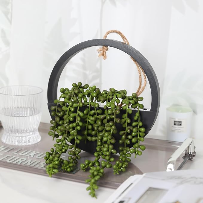 Floweroyal 2pcs Artificial Succulents Hanging Plants 20.1'' Fake String of Pearls in Pot with 9.4'' Lanyard for Indoor Outdoor Wall Decor (Black)