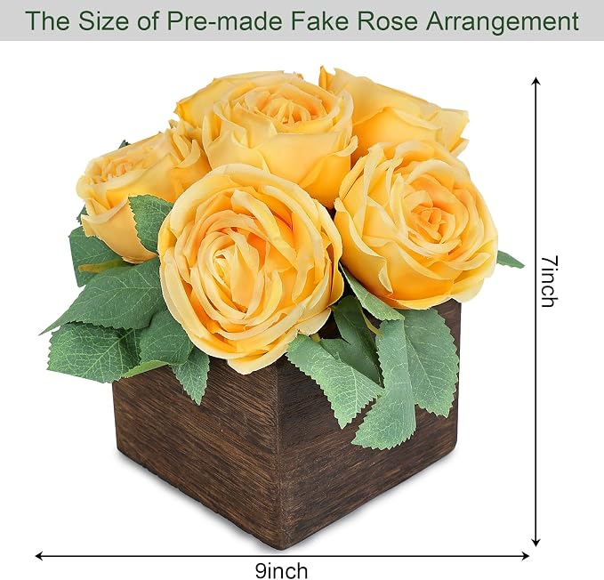 Dining Table Centerpiece Set of 6 - Pre-Made Aritifial Rose with Wooden Vase Fake Floral Arrangment Faux Flower for Wedding Bridal Tea Party Event Decorations - Dark Yellow