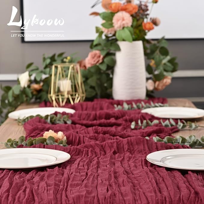 10 Packs Burgundy Cheesecloth Table Runner,10Ft x 35" Wine Red Rustic Gauze Boho Wedding Table Runner Decoration, Wedding Table Decor Table Cloth for Wedding Party Bridal Shower Table