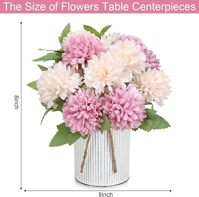 Pre-Made Flower Table Centerpieces, Set of 6 Artificial Silk Chrysanthemum with Farmhouse Metal Vases for Wedding, Birthday Parties, Home, Dining Table Decorations - Dusty Pink & Champagne