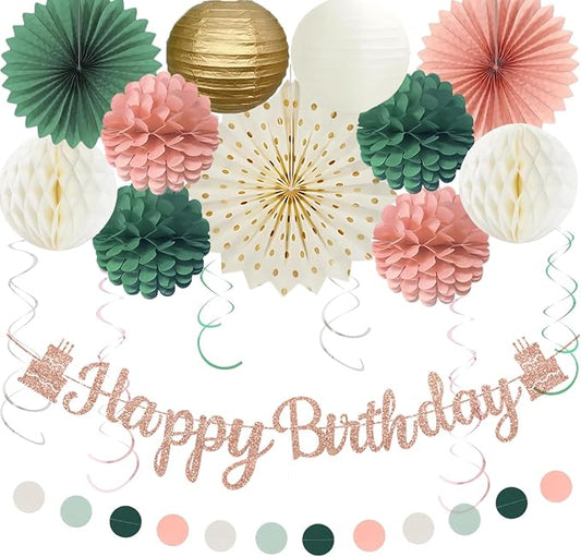 Pink Sage Green Birthday Party Decorations, Happy Birthday Banner with Honeycomb Balls, Paper Flowers, Fans, Lanterns, Circle Garland for Boys Girls, 1st Birthday, Garden Party Decor 19pcs