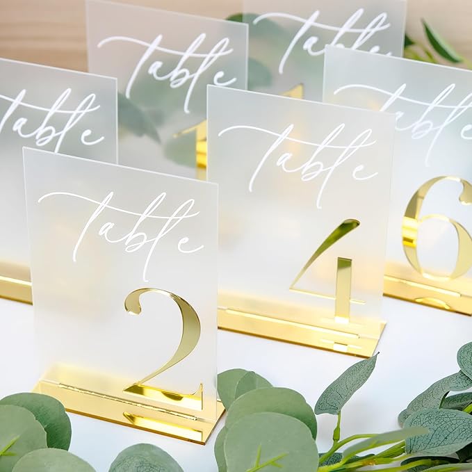 Acrylic Wedding Table Numbers 1-15 with Stands, 5"x7" Frosted Acrylic Signs with 3D Gold Mirror Numbers, Frosted and Gold 3D Table Numbers for Wedding Reception, Anniversary, Event